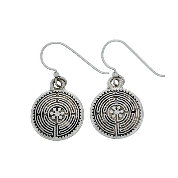 Vintage Silver-Plated Labyrinth Design Dangle Earrings - Picture 1 of 4